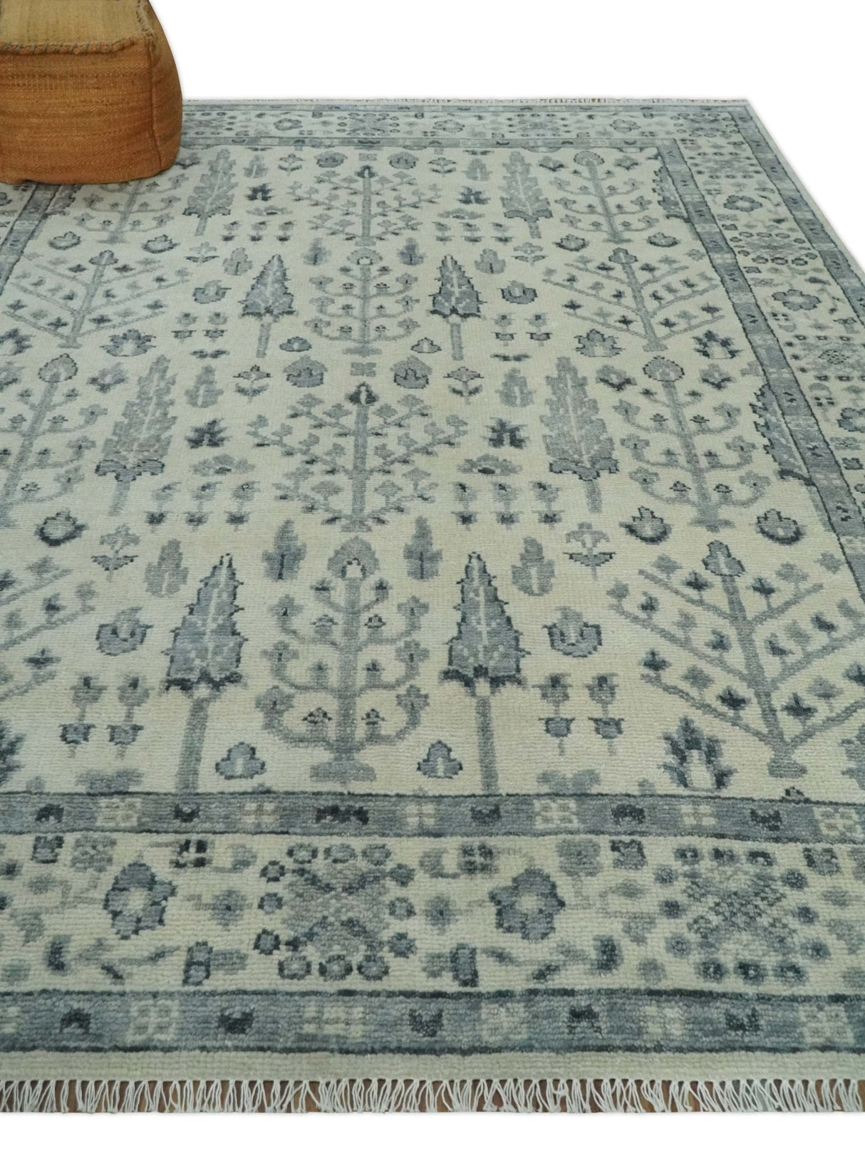 Tree of Life Hand Knotted Ivory and Charcoal Traditional Oushak 8x10 Wool Rug