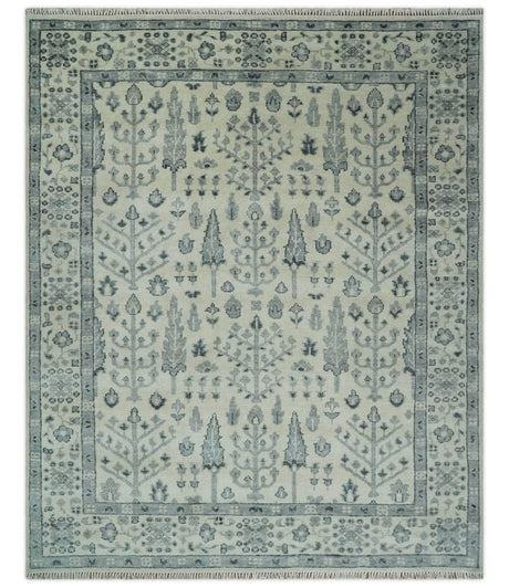 Tree of Life Hand Knotted Ivory and Charcoal Traditional Oushak 8x10 Wool Rug