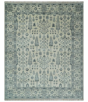 Tree of Life Hand Knotted Ivory and Charcoal Traditional Oushak Custom Made Wool Rug