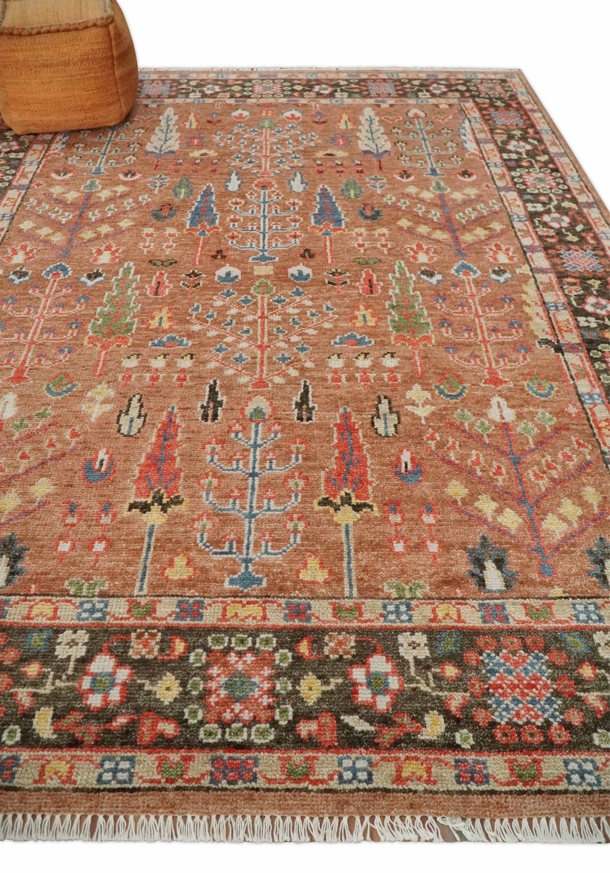 Tree of Life Peach and Brown Hand Knotted 8x10 Traditional Oushak Wool Rug