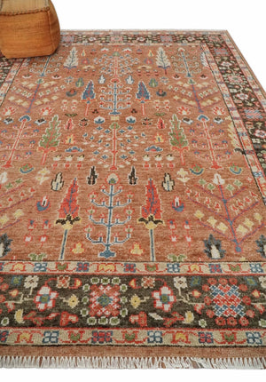 Tree of Life Peach and Brown Hand Knotted 8x10 Traditional Oushak Wool Rug