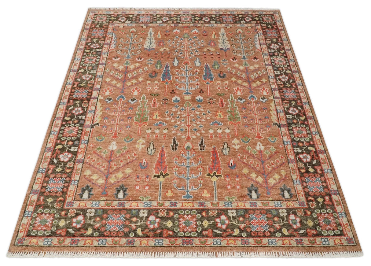 Tree of Life Peach and Brown Hand Knotted 8x10 Traditional Oushak Wool Rug