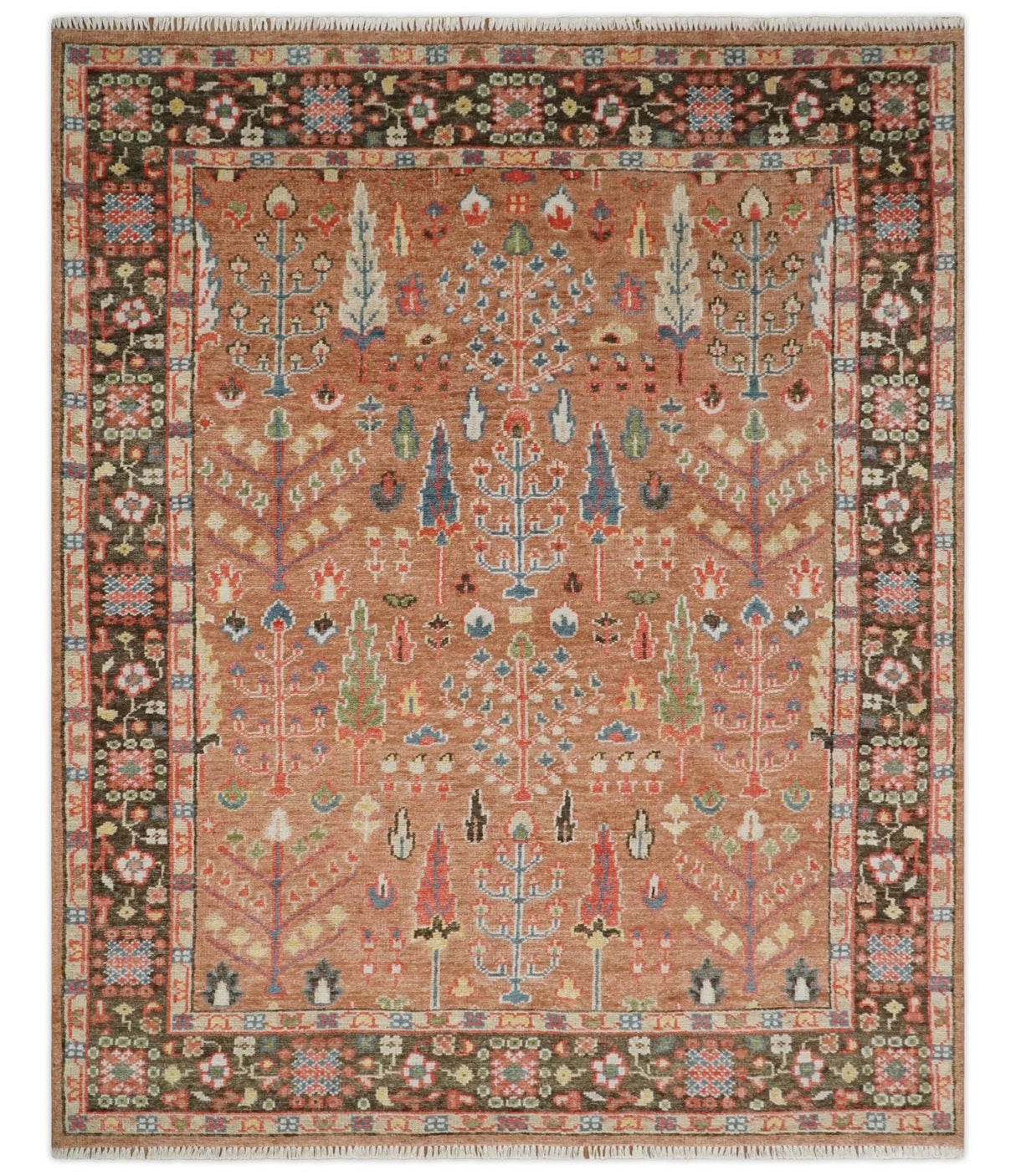Tree of Life Peach and Brown Hand Knotted 8x10 Traditional Oushak Wool Rug