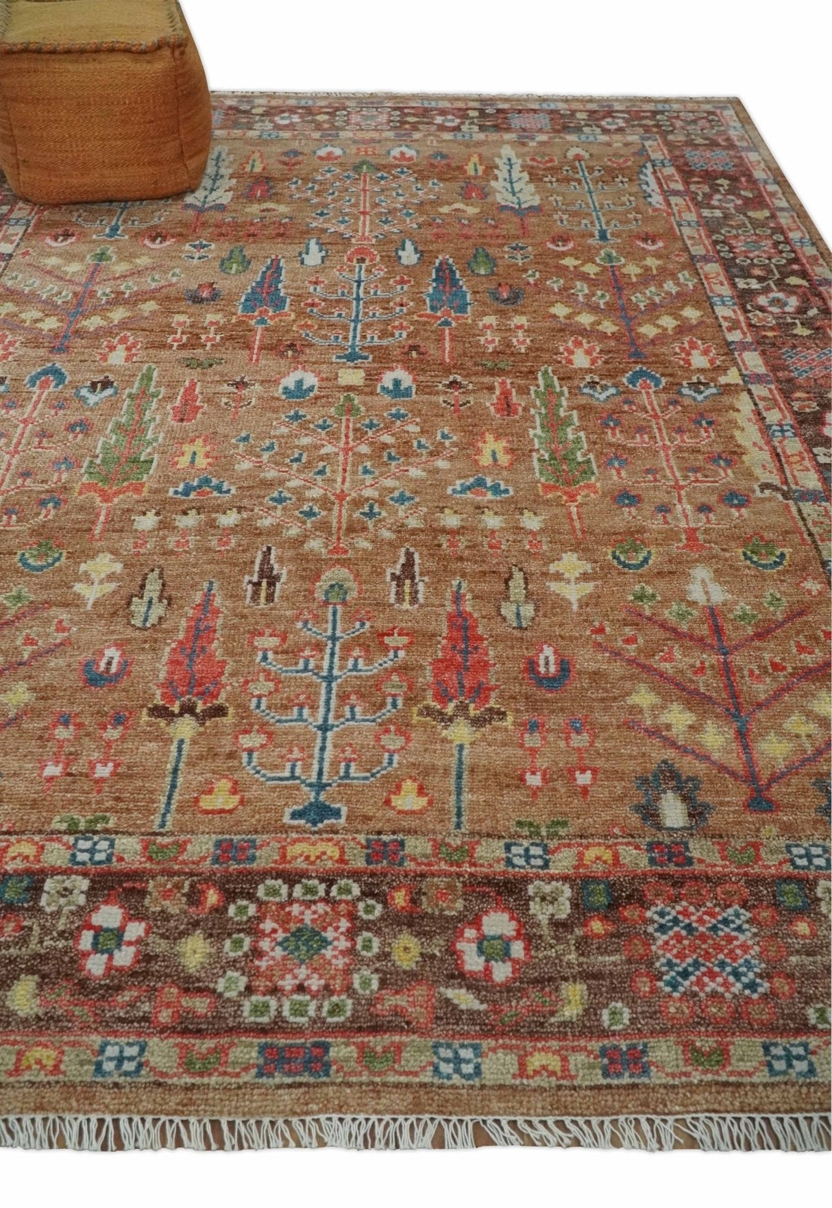 Tree of Life Rust and Brown Hand Knotted 8x10 Traditional Oushak Wool Rug