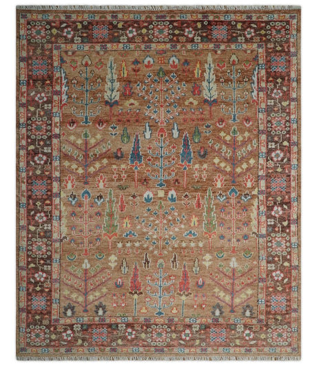 Tree of Life Rust and Brown Hand Knotted 8x10 Traditional Oushak Wool Rug