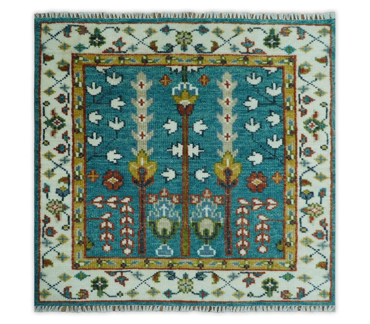 Tree of Life Traditional Hand Knotted Teal Blue and Ivory Custom Made Wool Area Rug