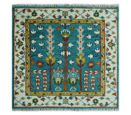Tree of Life Traditional Hand Knotted Teal Blue and Ivory Custom Made Wool Area Rug
