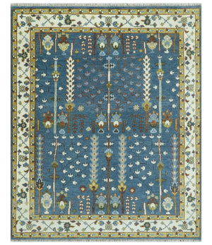Tree of Life Traditional Hand Knotted Teal Blue and Ivory Custom Made Wool Area Rug