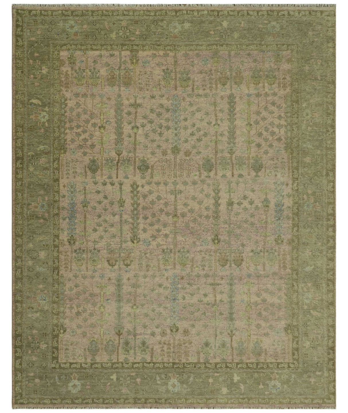 Tree of life Beige, Purple and Olive Hand Knotted Traditional Floral Custom Made wool rug