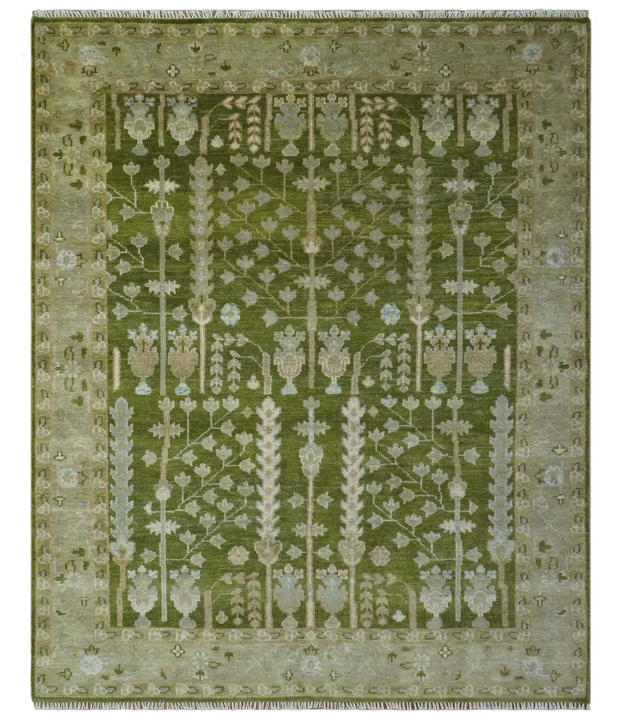Tree of life Green and Silver Hand Knotted Traditional Floral 8x10 wool rug