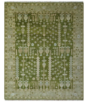Tree of life Green and Silver Hand Knotted Traditional Floral 8x10 wool rug