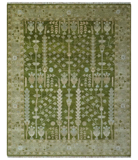 Tree of life Green and Silver Hand Knotted Traditional Floral 8x10 wool rug