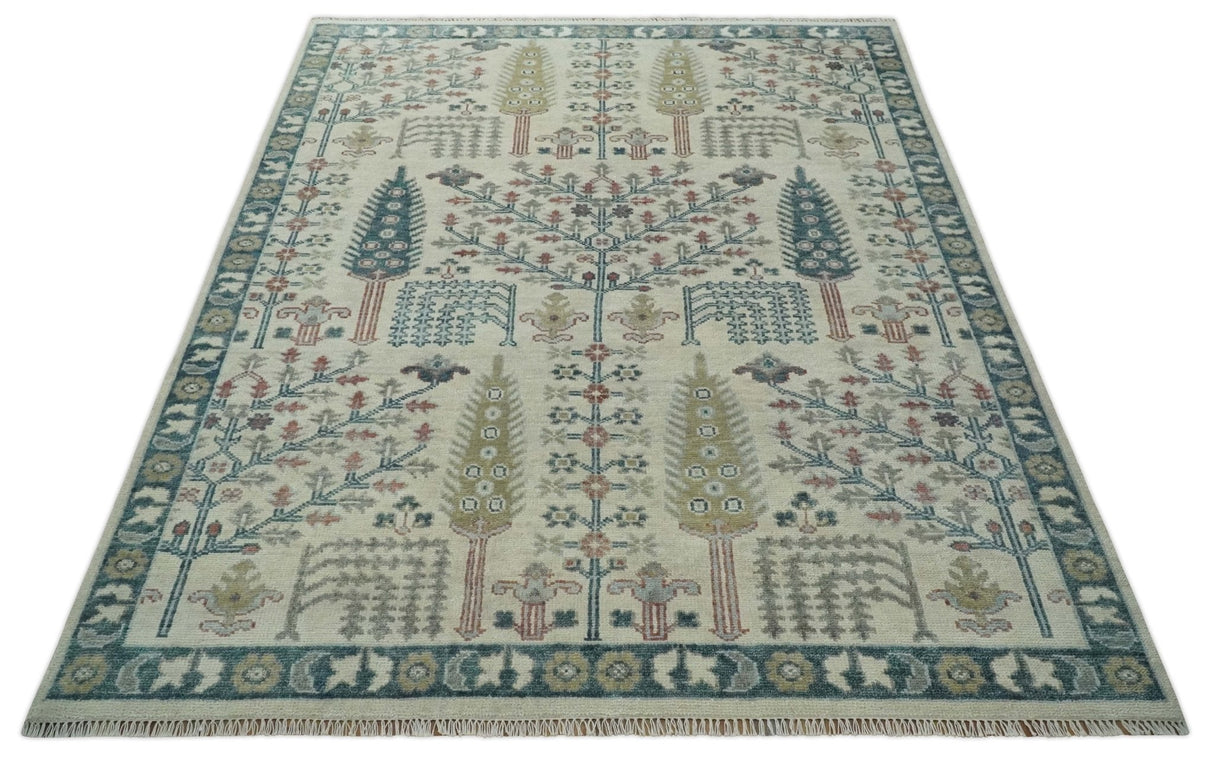 Tree of life Ivory, Teal, Olive and Brown Hand Knotted Traditional Oushak wool Area Rug
