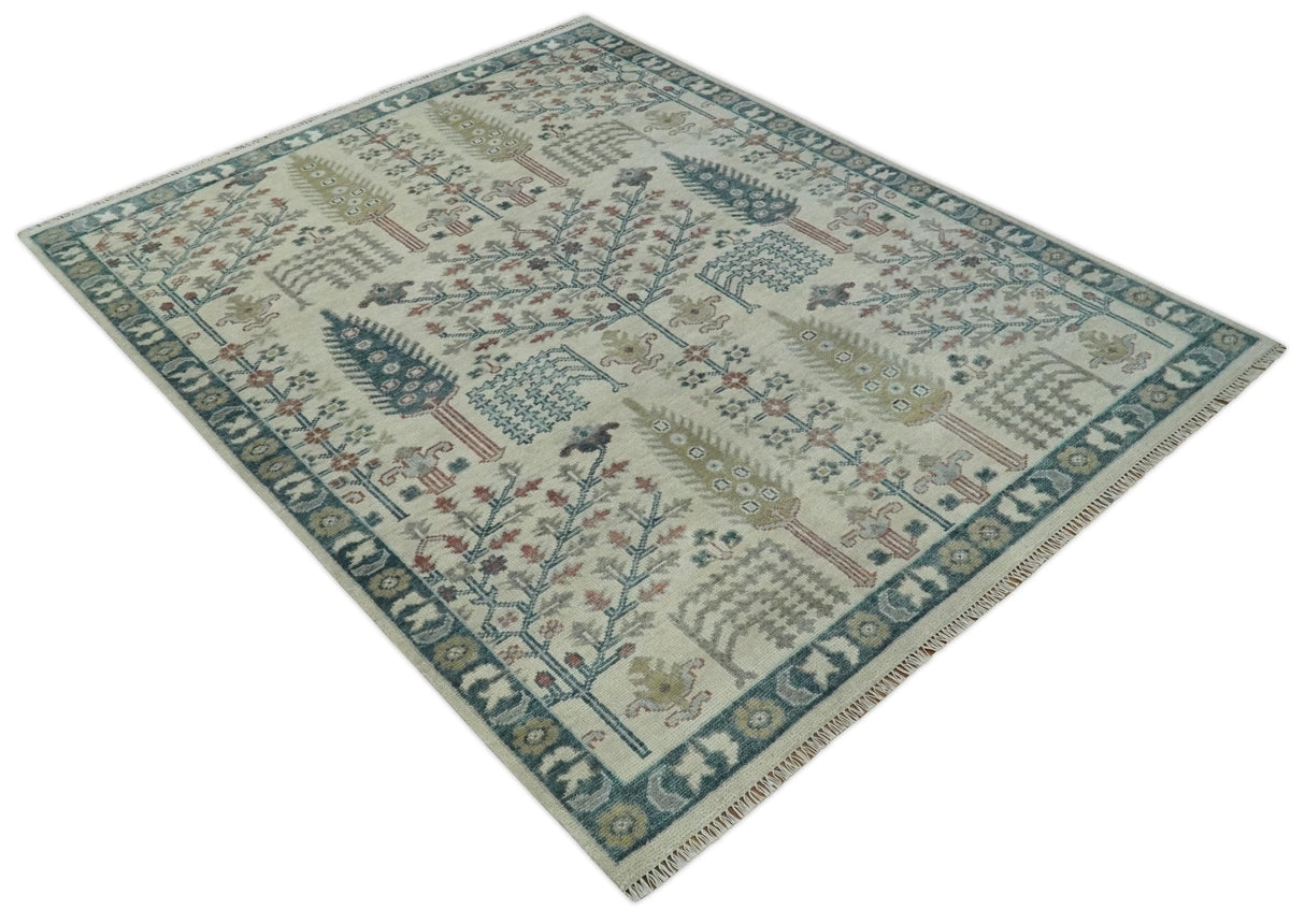 Tree of life Ivory, Teal, Olive and Brown Hand Knotted Traditional Oushak wool Area Rug