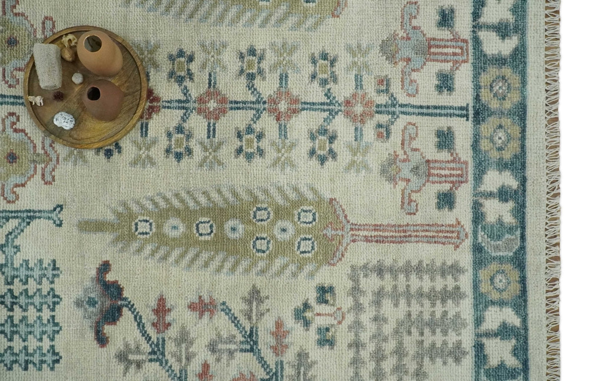 Tree of life Ivory, Teal, Olive and Brown Hand Knotted Traditional Oushak wool Area Rug