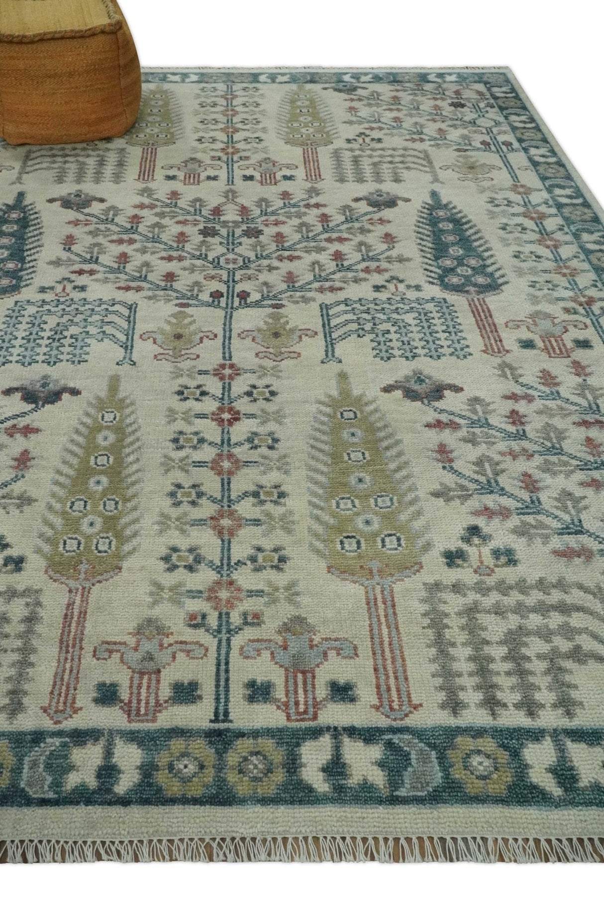 Tree of life Ivory, Teal, Olive and Brown Hand Knotted Traditional Oushak wool Area Rug