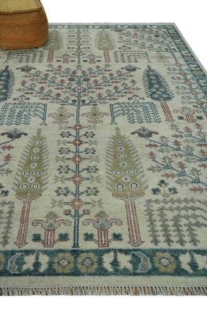 Tree of life Ivory, Teal, Olive and Brown Hand Knotted Traditional Oushak wool Area Rug