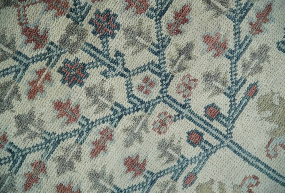 Tree of life Ivory, Teal, Olive and Brown Hand Knotted Traditional Oushak wool Area Rug