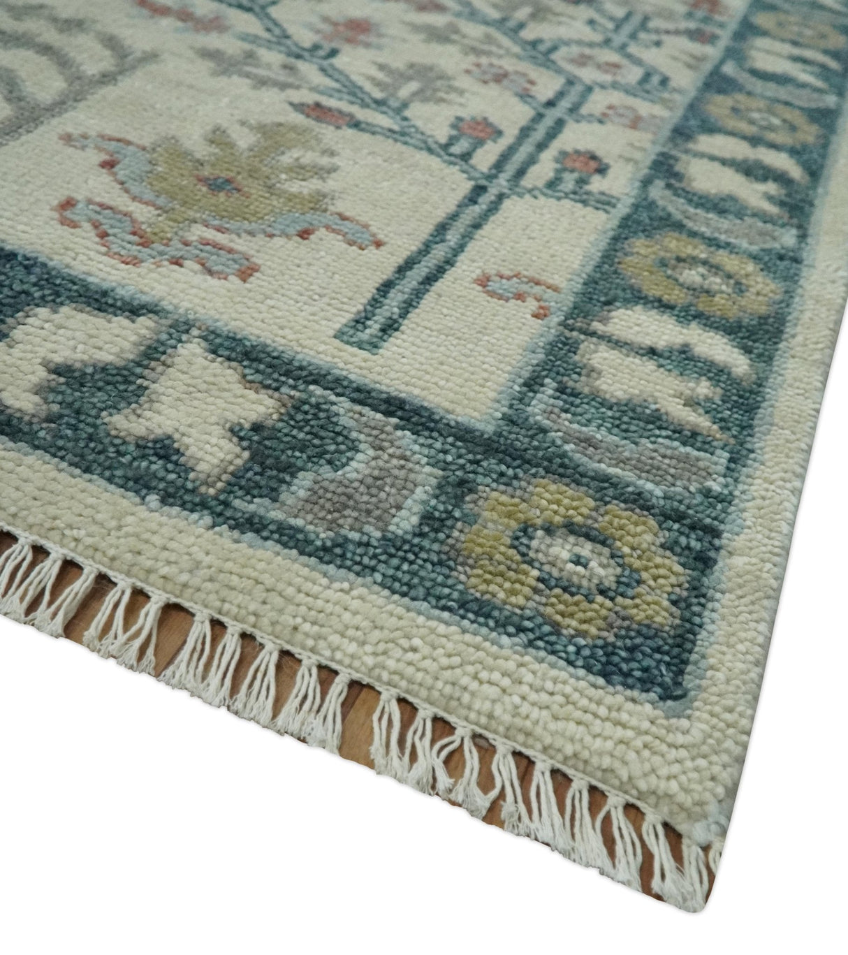 Tree of life Ivory, Teal, Olive and Brown Hand Knotted Traditional Oushak wool Area Rug