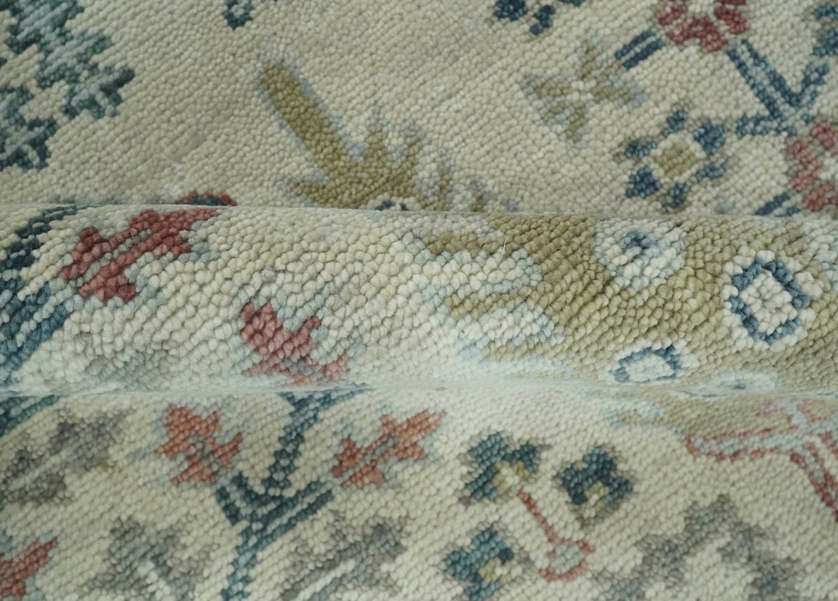 Tree of life Ivory, Teal, Olive and Brown Hand Knotted Traditional Oushak wool Area Rug