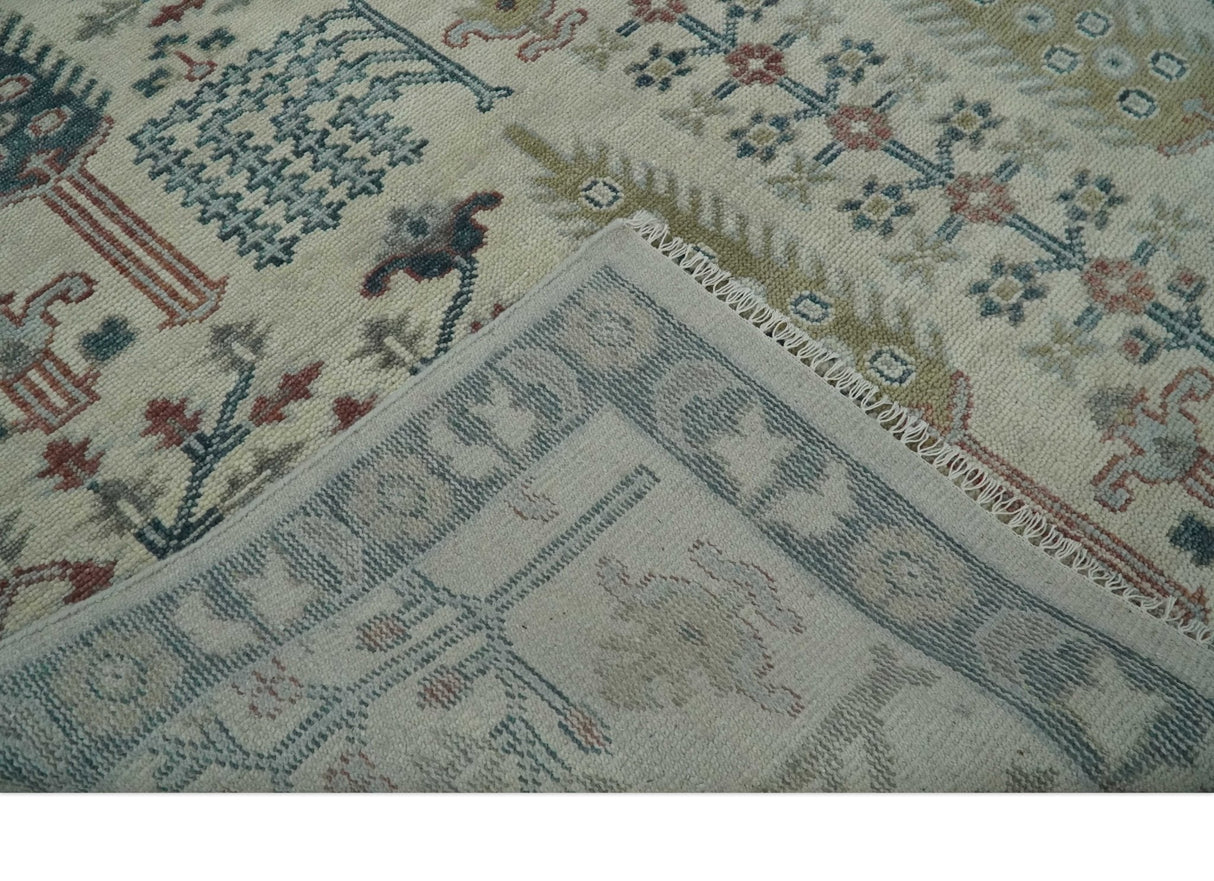 Tree of life Ivory, Teal, Olive and Brown Hand Knotted Traditional Oushak wool Area Rug
