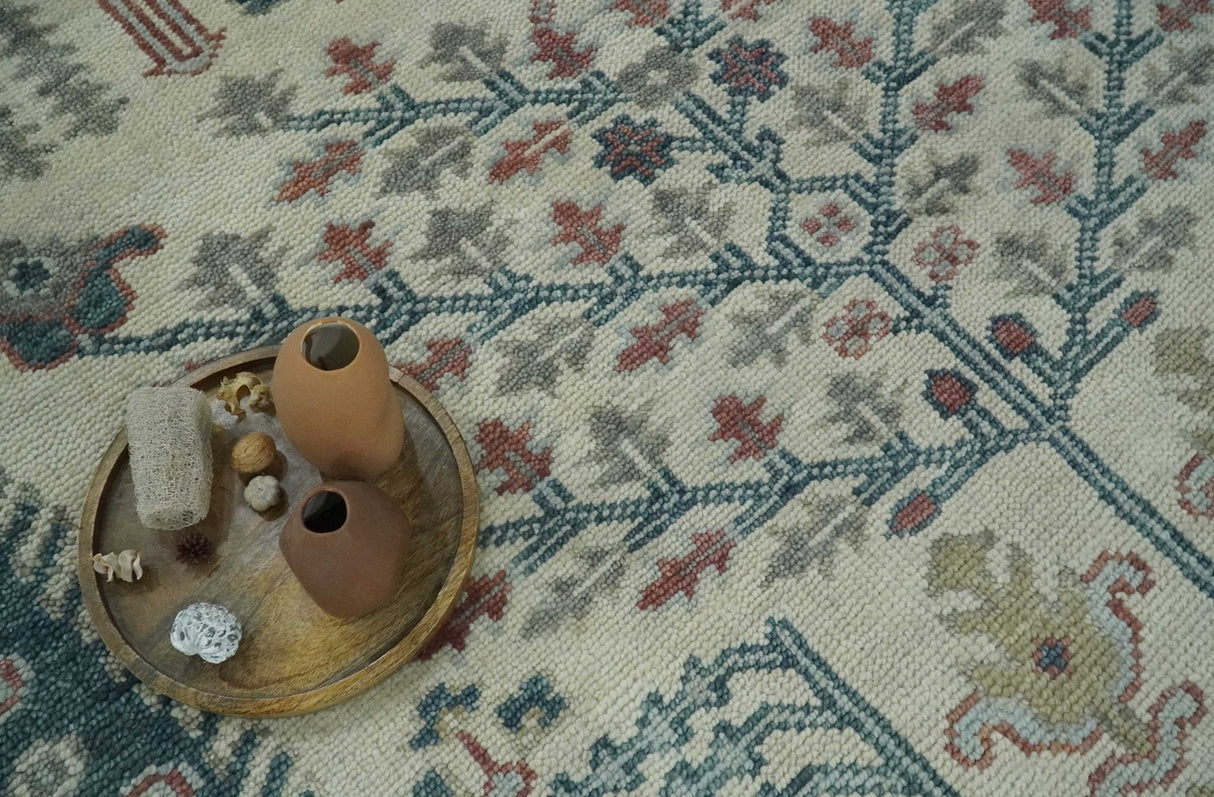 Tree of life Ivory, Teal, Olive and Brown Hand Knotted Traditional Oushak wool Area Rug