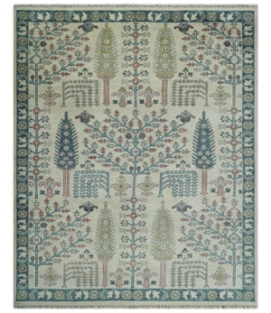 Tree of life Ivory, Teal, Olive and Brown Hand Knotted Traditional Oushak wool Area Rug