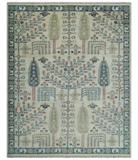 Tree of life Ivory, Teal, Olive and Brown Hand Knotted Traditional Oushak wool Area Rug