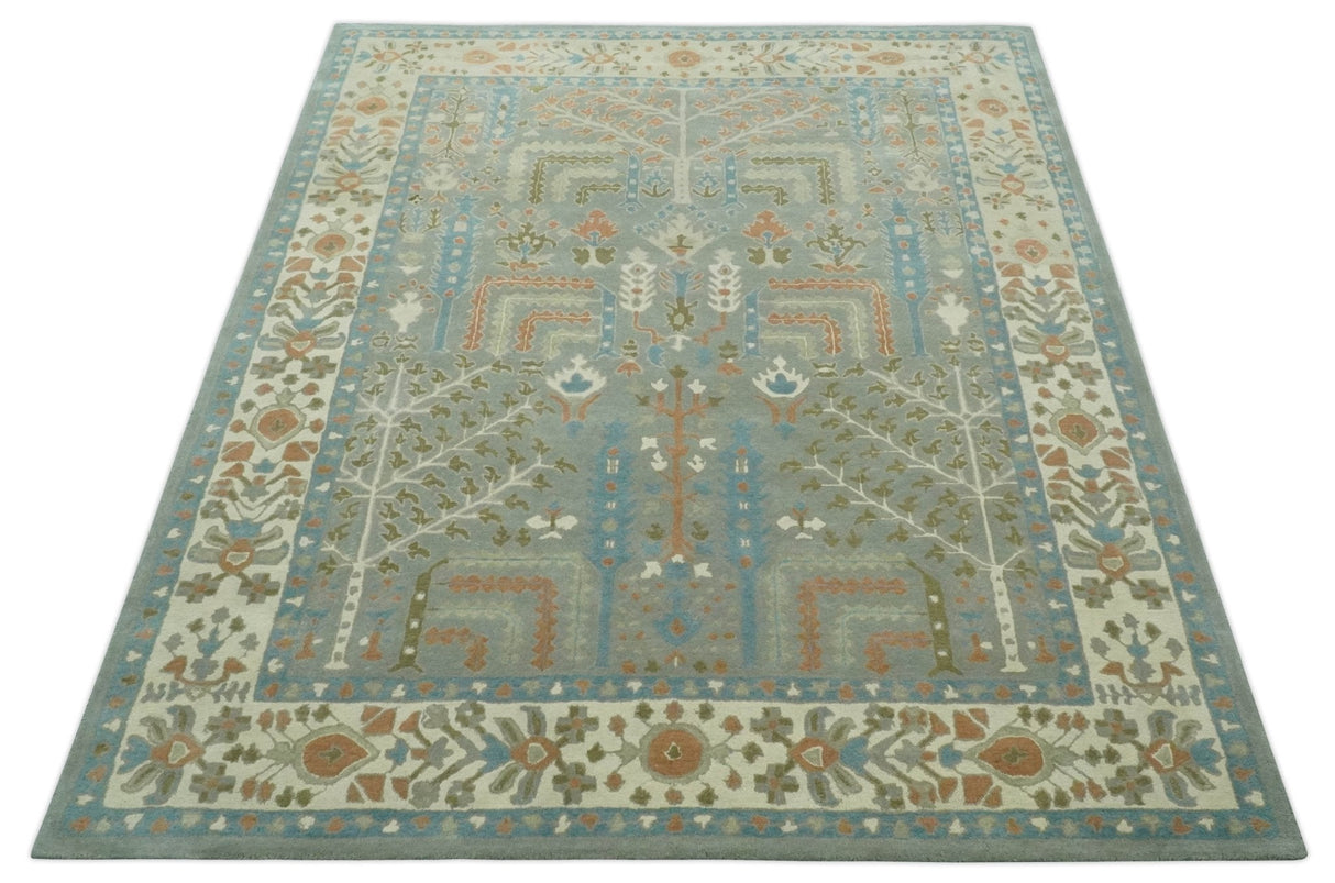 Tree of life Traditional Floral Gray, Beige, Green and Dark Peach Hand Tufted 8x10 wool Area Rug