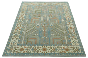 Tree of life Traditional Floral Gray, Beige, Green and Dark Peach Hand Tufted 8x10 wool Area Rug