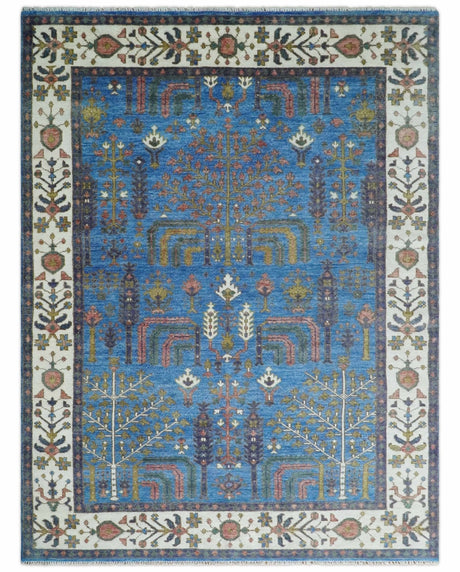 Tree of life Traditional Hand Knotted Blue and Ivory Multi Size Wool area Rug