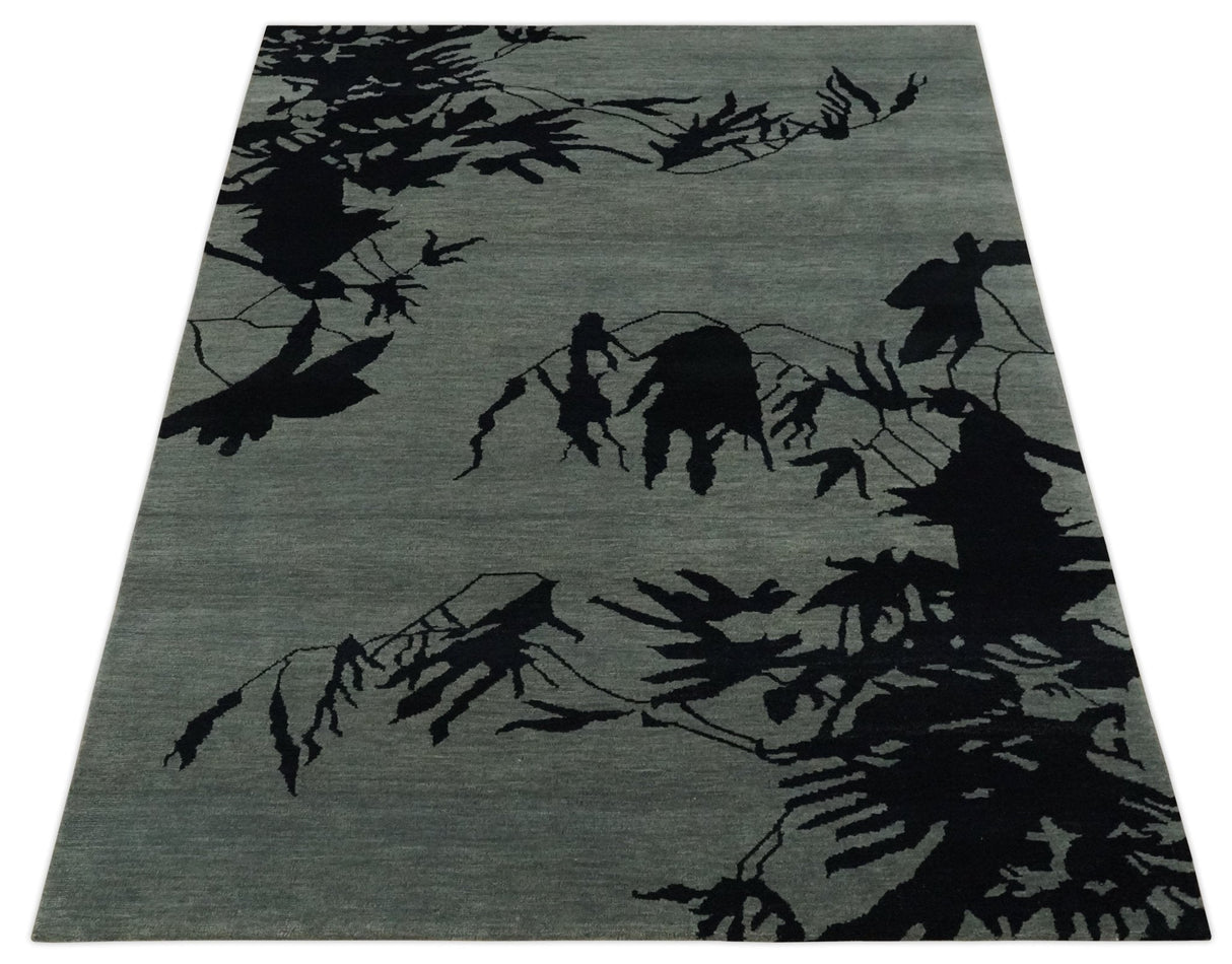 Tree of life leaf Art Gray and Black 5x6.6 Hand knotted wool Area Rug