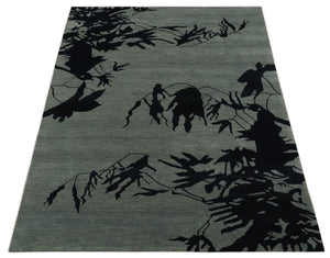 Tree of life leaf Art Gray and Black 5x6.6 Hand knotted wool Area Rug