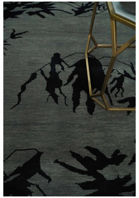 Tree of life leaf Art Gray and Black 5x6.6 Hand knotted wool Area Rug