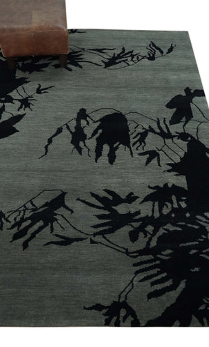 Tree of life leaf Art Gray and Black 5x6.6 Hand knotted wool Area Rug