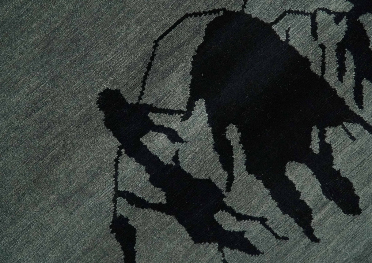 Tree of life leaf Art Gray and Black 5x6.6 Hand knotted wool Area Rug