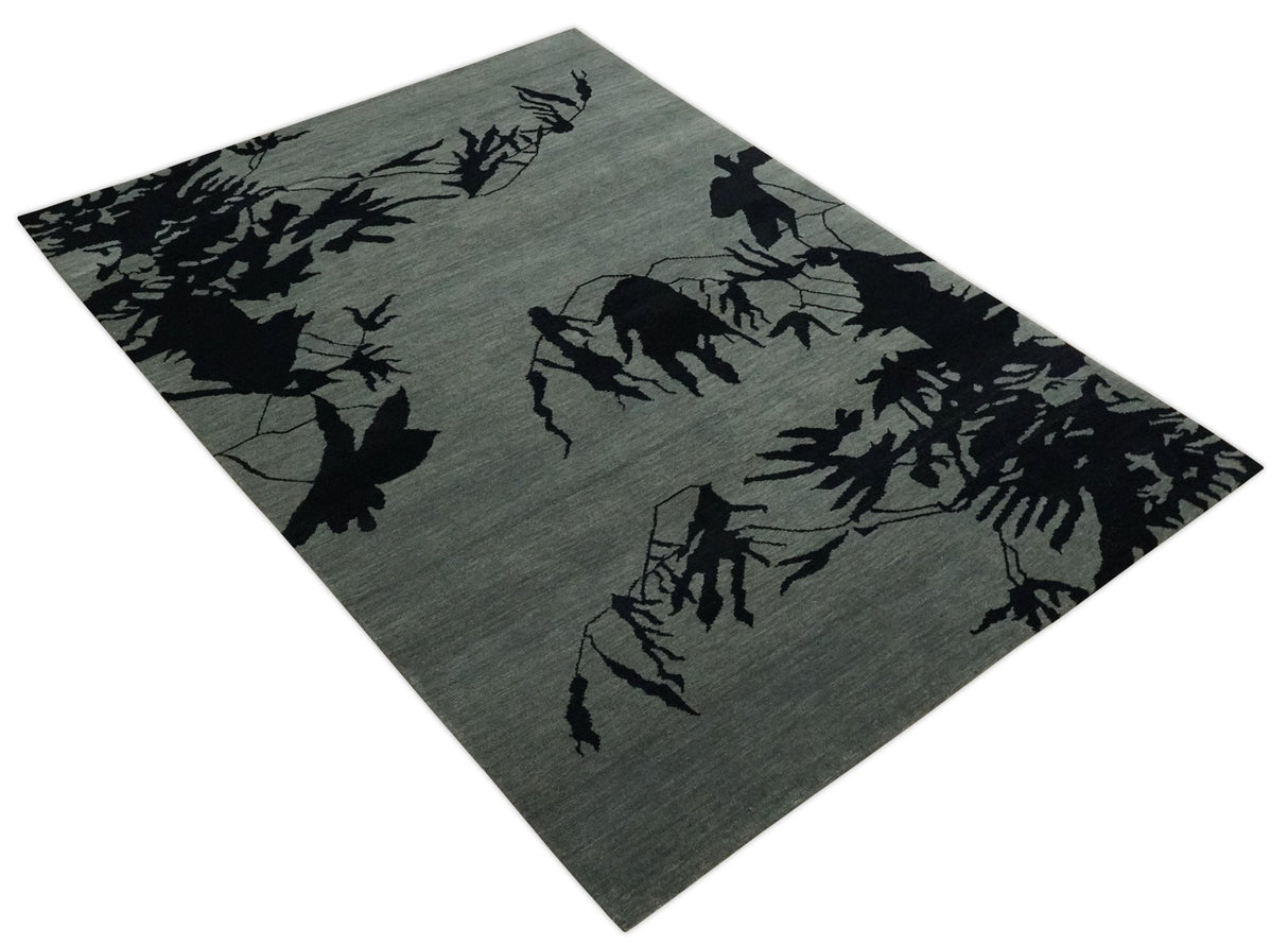 Tree of life leaf Art Gray and Black 5x6.6 Hand knotted wool Area Rug