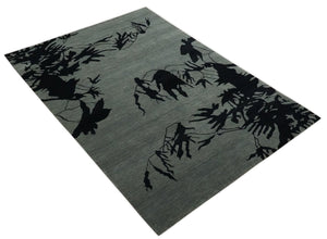 Tree of life leaf Art Gray and Black 5x6.6 Hand knotted wool Area Rug