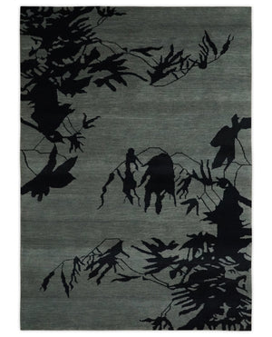 Tree of life leaf Art Gray and Black 5x6.6 Hand knotted wool Area Rug