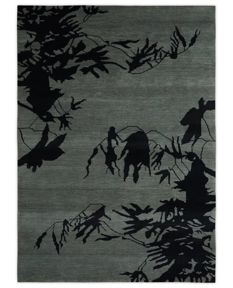Tree of life leaf Art Gray and Black 5x6.6 Hand knotted wool Area Rug