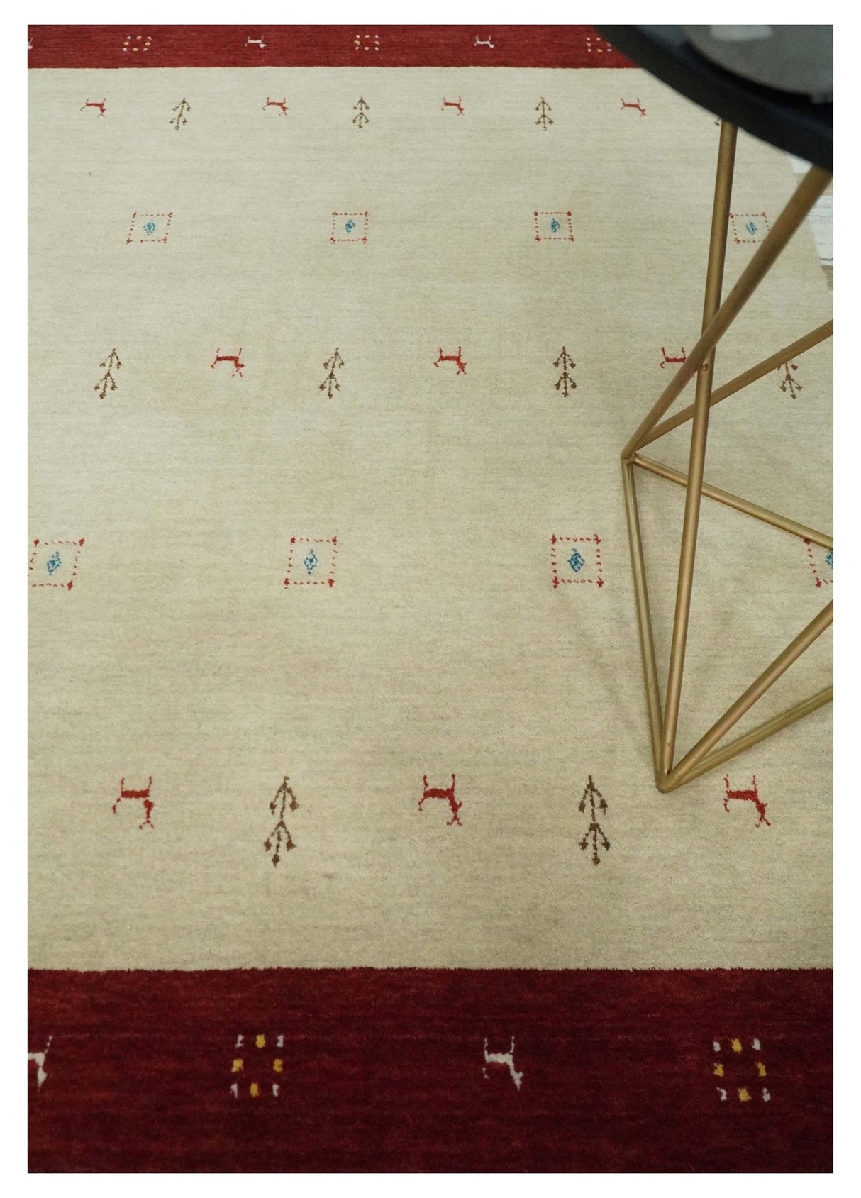 Tribal 5x8 Beige, Ivory and Maroon Stripes Wool Hand Woven Southwestern Gabbeh Rug | KNT30
