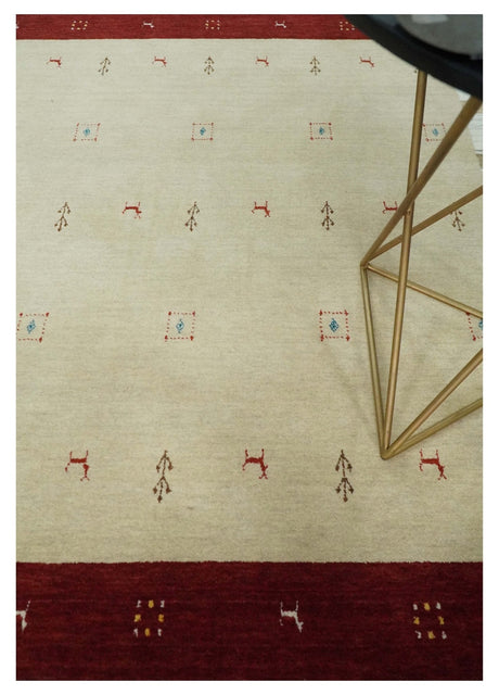 Tribal 5x8 Beige, Ivory and Maroon Stripes Wool Hand Woven Southwestern Gabbeh Rug | KNT30
