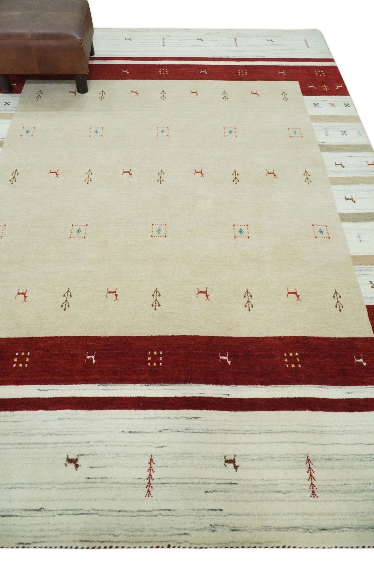 Tribal 5x8 Beige, Ivory and Maroon Stripes Wool Hand Woven Southwestern Gabbeh Rug | KNT30