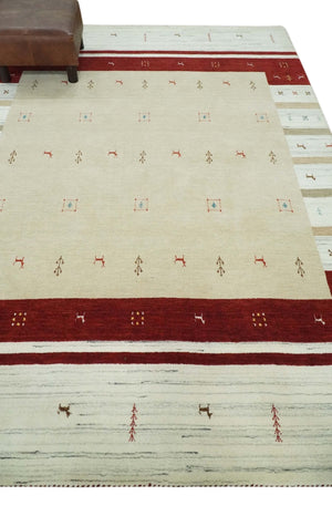 Tribal 5x8 Beige, Ivory and Maroon Stripes Wool Hand Woven Southwestern Gabbeh Rug | KNT30