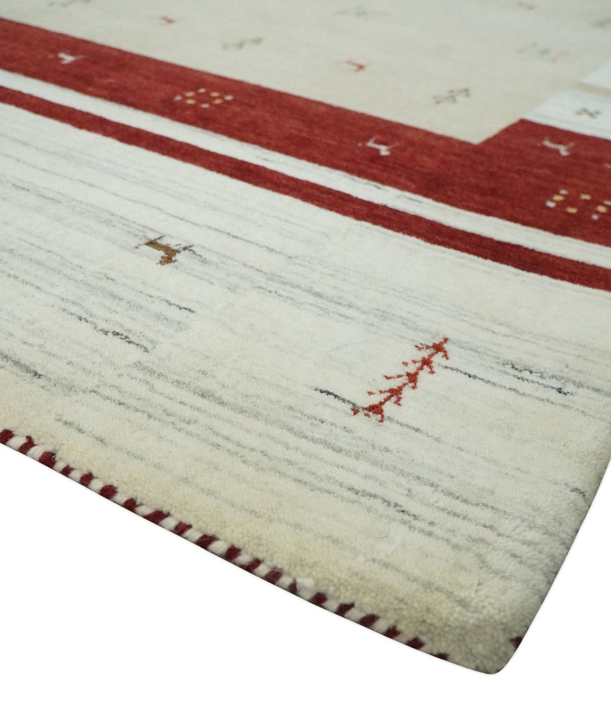 Tribal 5x8 Beige, Ivory and Maroon Stripes Wool Hand Woven Southwestern Gabbeh Rug | KNT30