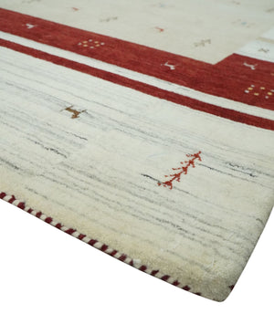 Tribal 5x8 Beige, Ivory and Maroon Stripes Wool Hand Woven Southwestern Gabbeh Rug | KNT30