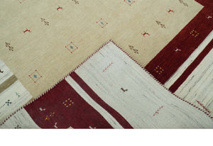 Tribal 5x8 Beige, Ivory and Maroon Stripes Wool Hand Woven Southwestern Gabbeh Rug | KNT30