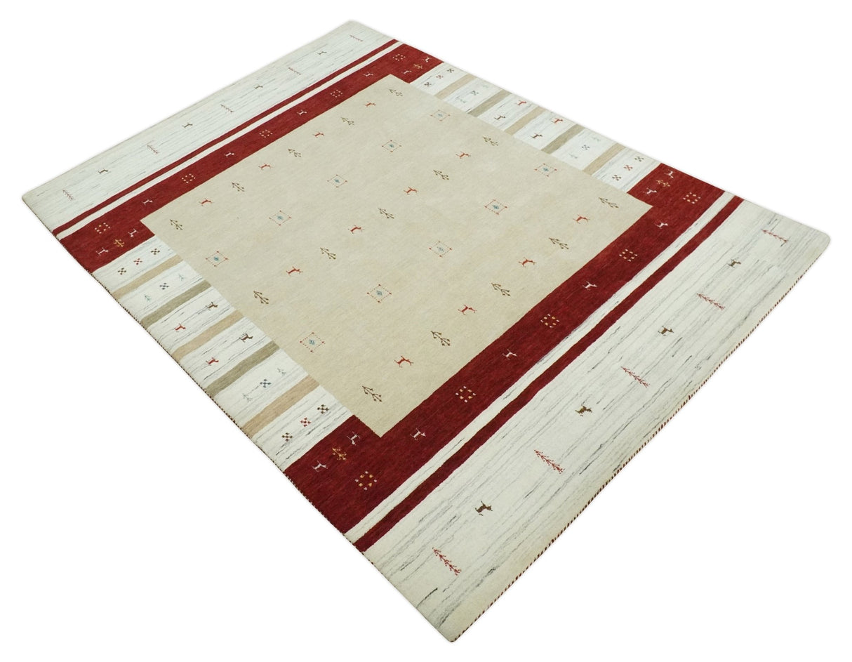 Tribal 5x8 Beige, Ivory and Maroon Stripes Wool Hand Woven Southwestern Gabbeh Rug | KNT30
