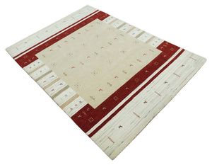 Tribal 5x8 Beige, Ivory and Maroon Stripes Wool Hand Woven Southwestern Gabbeh Rug | KNT30