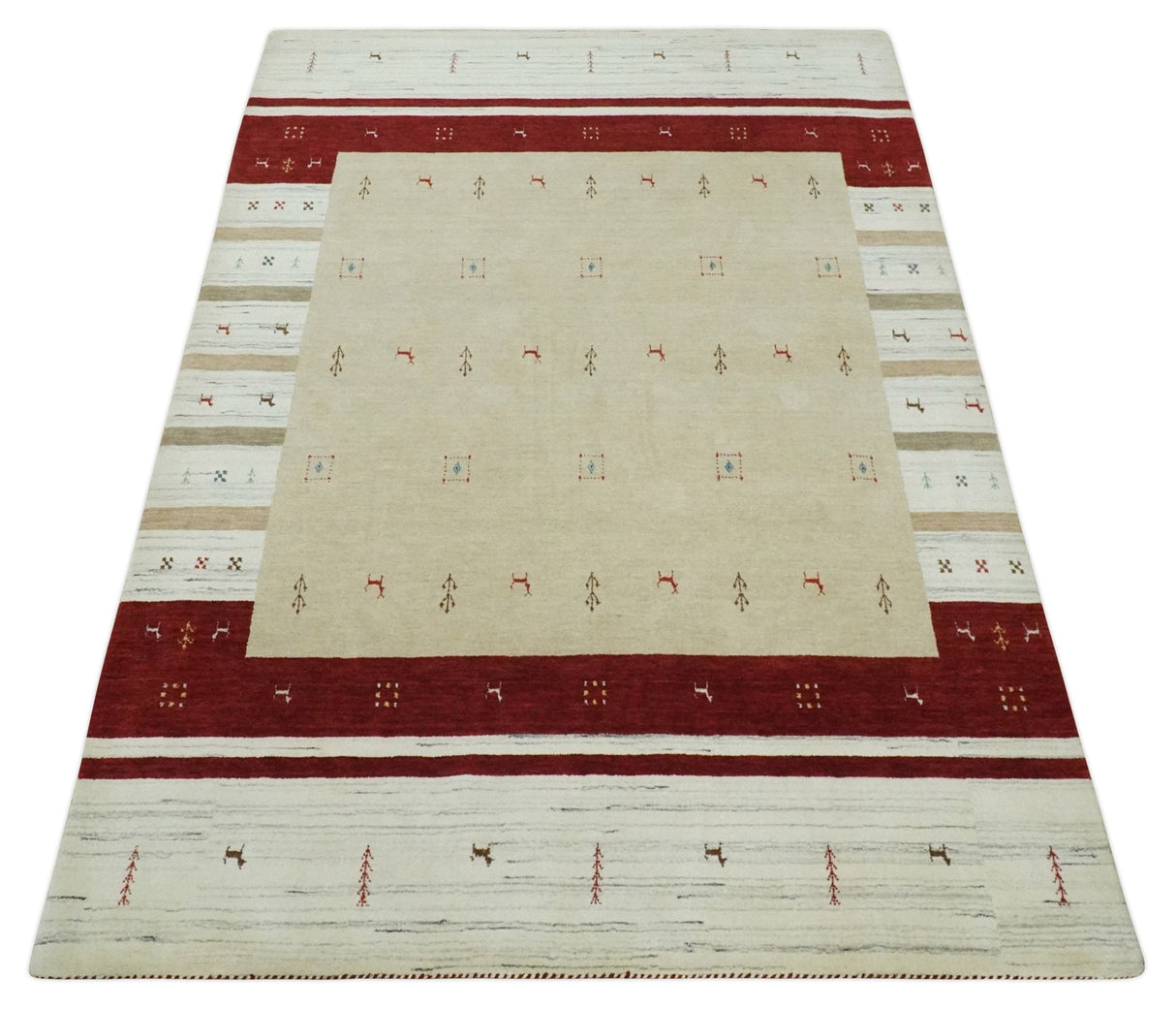 Tribal 5x8 Beige, Ivory and Maroon Stripes Wool Hand Woven Southwestern Gabbeh Rug | KNT30